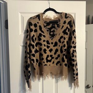 Polly & Esther Tan and Black cheetah V-Neck distressed Sweater